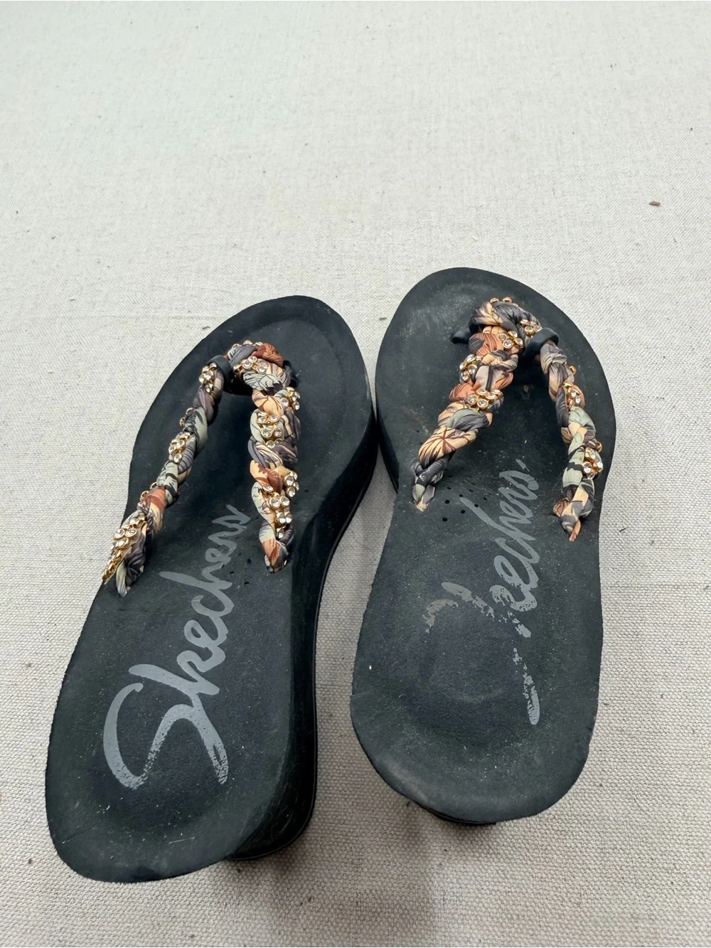 Skechers Wedge Flip-Flop Sandals with Braided Beaded Straps - Black
